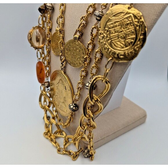 Vintage Les Bernard Gold Tone Multi Stand Coin Lucite Long Statement Necklace - Picture 6 of 16